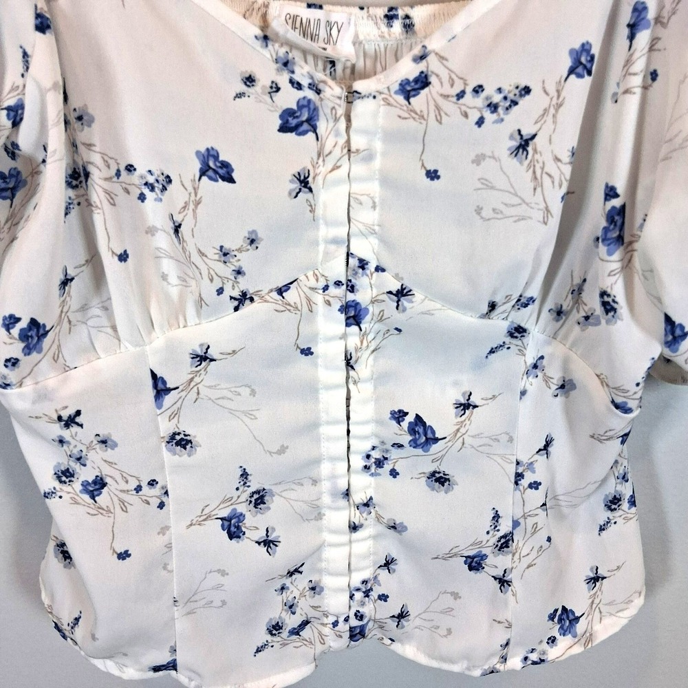 Sienna Sky Blue White Floral Milkmaid Top Large Boho Corset Puff Sleeve Coquette - Picture 3 of 10